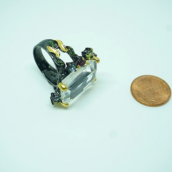 Solid Sterling Silver Clear Quartz + Gemstone Ring - Picture 7 of 7